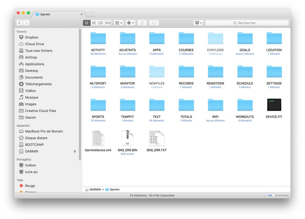 Dossier de la montre Garmin une fois branchée en USB avec les dossiers cachés visibles