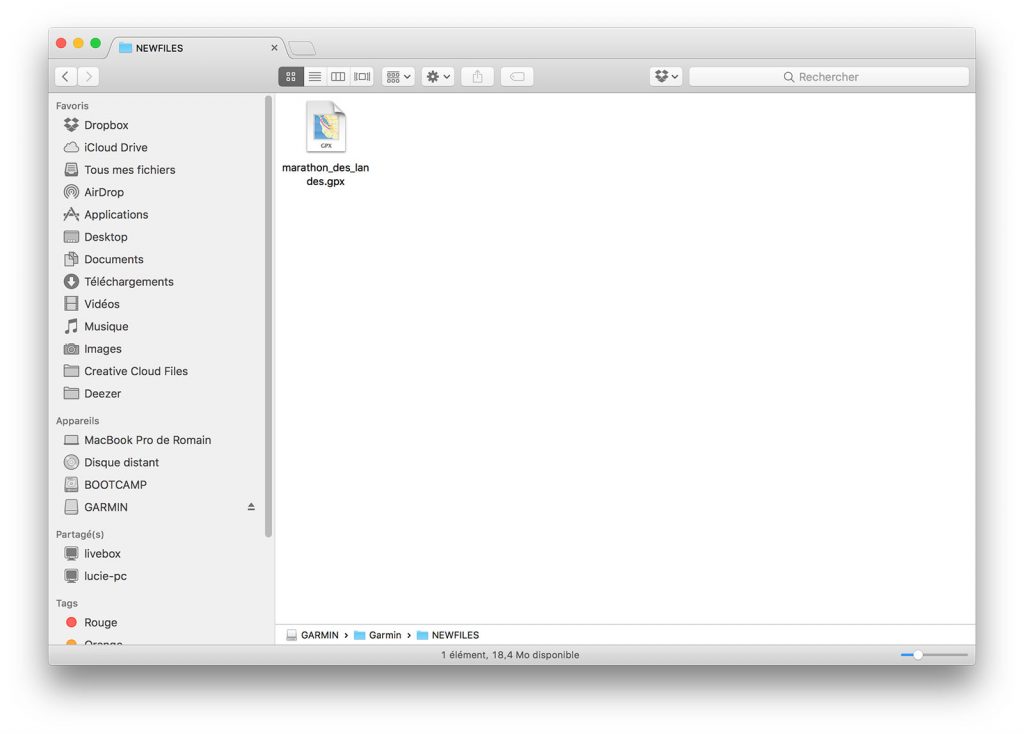 Dossier caché NEWFILES de la montre Garmin une fois branchée en USB