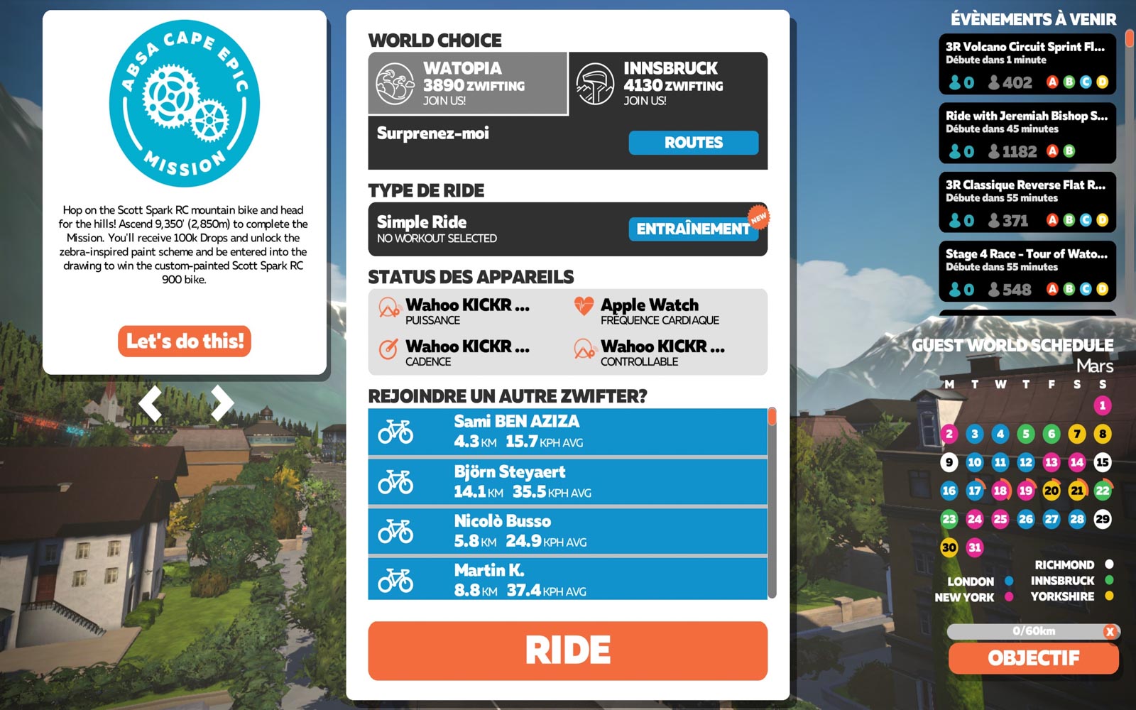 Ecran principal de Zwift